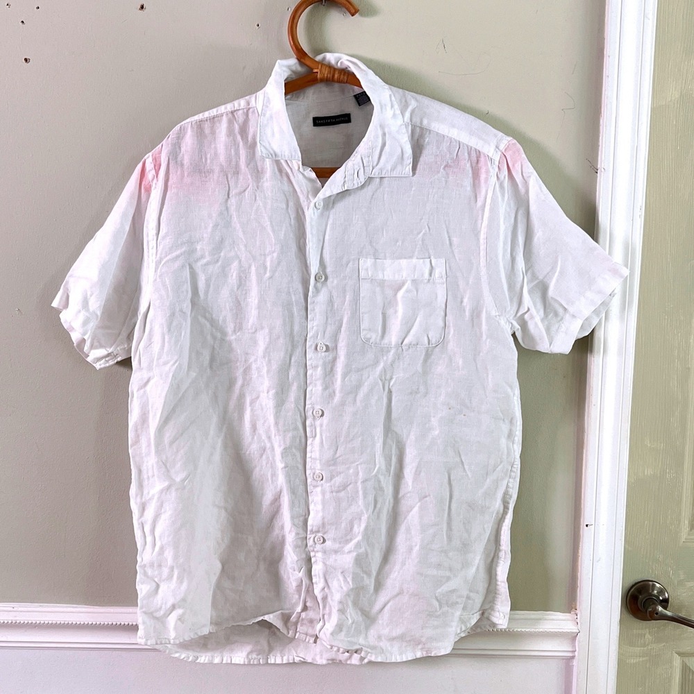 Saks Fifth Avenue Mens Linen Button Up Shirt L Short Sleeve White Coastal Camp